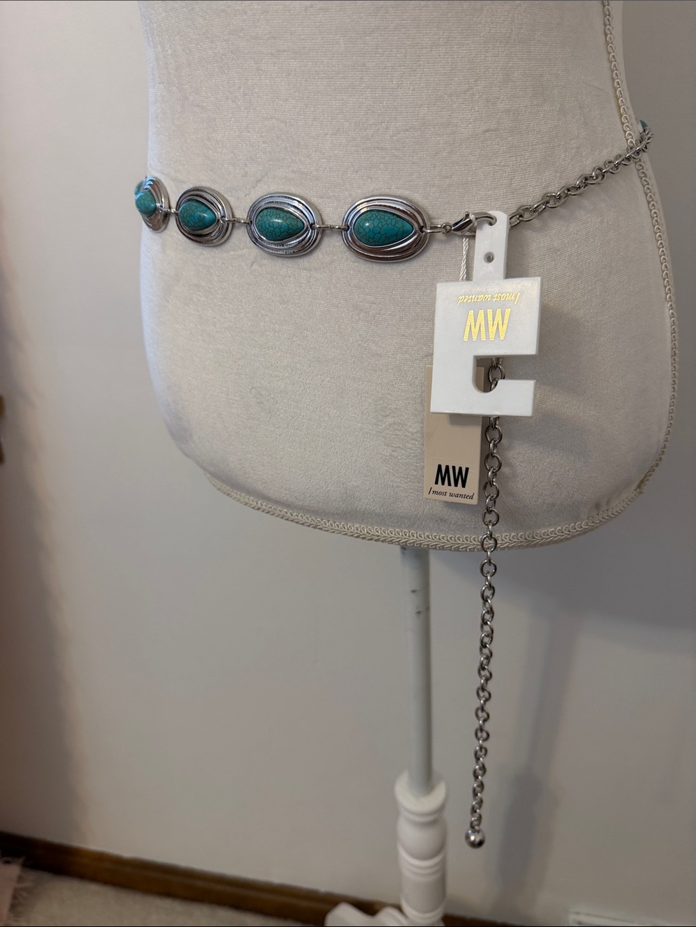 NWT, MW/Most Wanted Turquoise Stone Chain Waist Belt - Silver